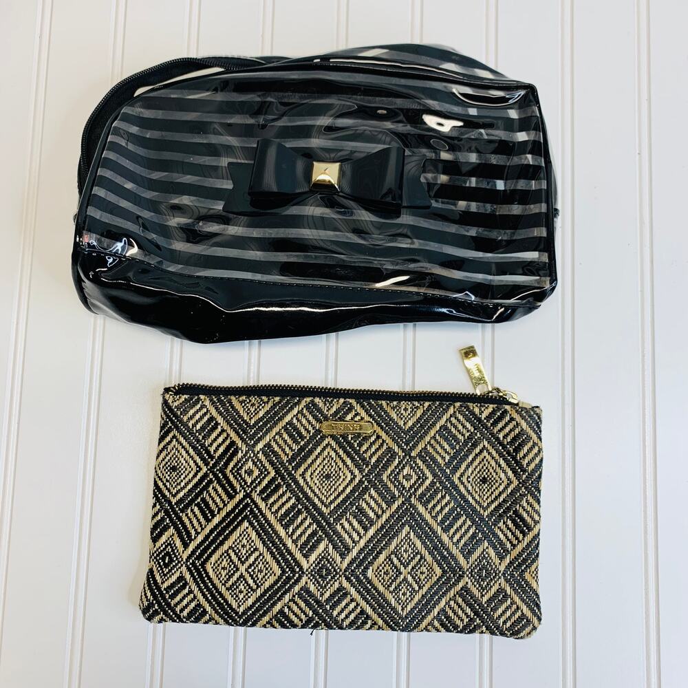 Set Makeup Bag Black Clear Striped Bow Gold Accent Plastic Woven Pouch